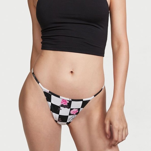 Victoria’s Secret Cotton V String Panty Smooth Black Floral Invasion Small NEW - Picture 4 of 5